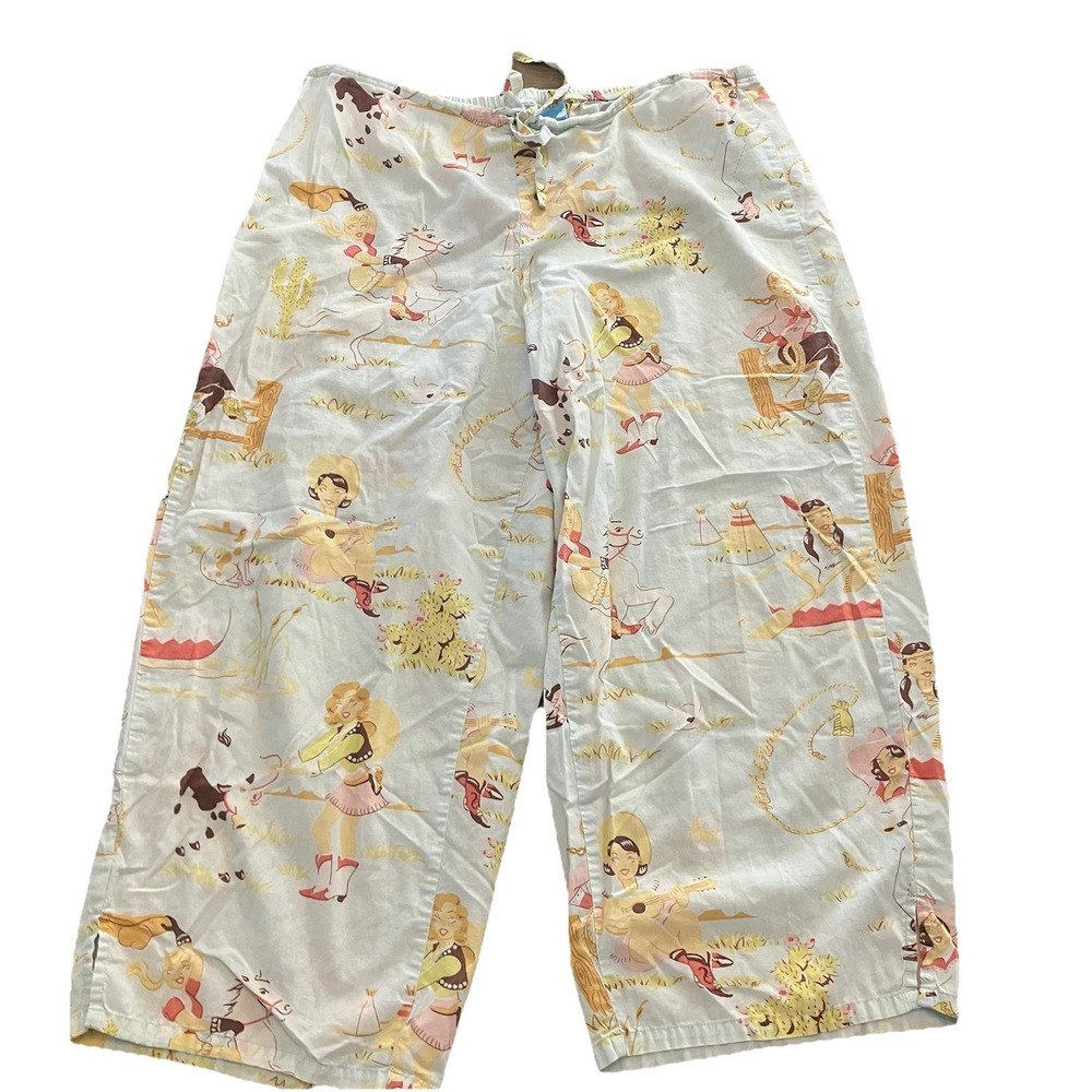 Nick & Nora Retro Cowgirl Western Print Pajama Pants Capris Medium Wide Leg Crop